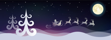 Stylized  night winter landscape with Santa and deers.のイラスト素材