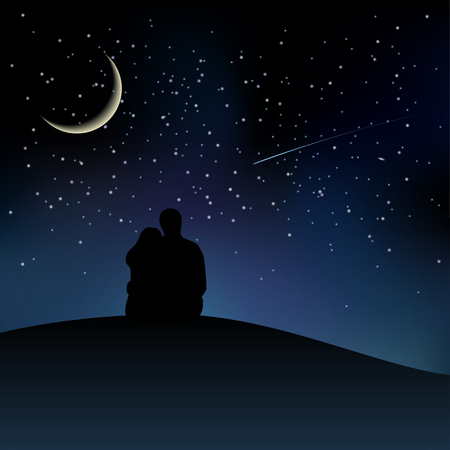 Black couple silhouettes sitting on the hill and watching starry sky. Vector illustrationのイラスト素材