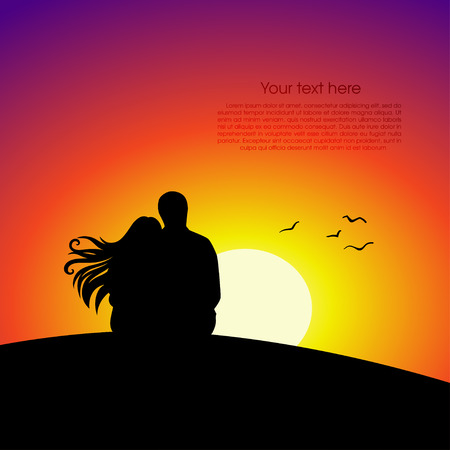 Black couple silhouettes in front of sunset background. Vector illustrationのイラスト素材