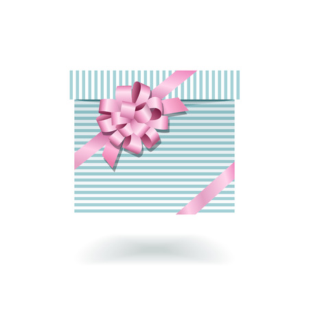 Blue striped gift box with pink bow isolated on white background. illustrationのイラスト素材