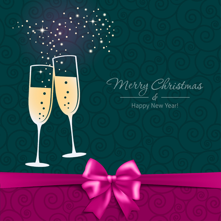 New Year card with glasses of champagne. Vector illustrationのイラスト素材