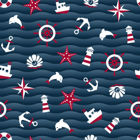 Sea symbols on a blue wavy background seamless pattern. Vector illustrationのイラスト素材