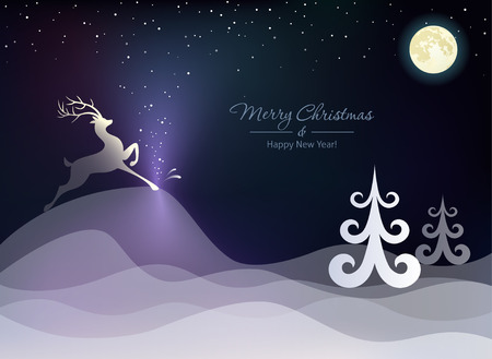 Christmas winter landscape with a deer on the hills.のイラスト素材