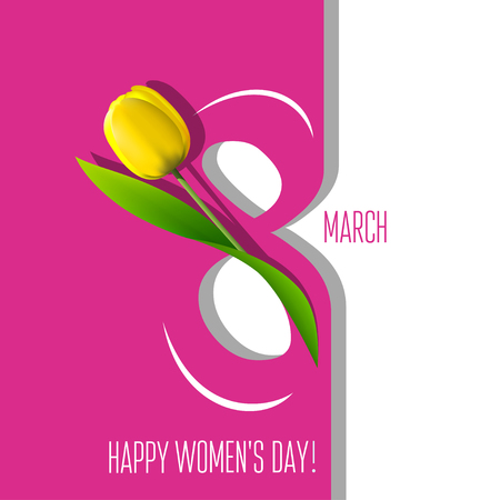 Greeting card with yellow tulip flower and lettering. Vector illustrationのイラスト素材