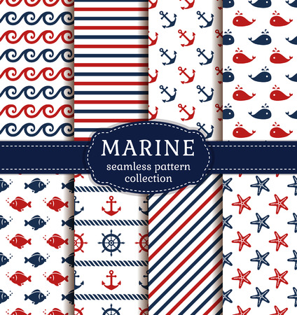 Set of marine and nautical backgrounds. Sea theme. Seamless patterns collection.のイラスト素材