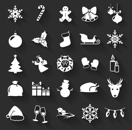 Christmas and New Year flat icons isolated on a dark background. Set of 25 white symbols with long shadows. Collection of silhouette elements for your design. Vector illustration.のイラスト素材