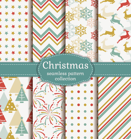 Merry Christmas and Happy New Year! Set of retro seamless backgrounds with traditional symbols: reindeer, fir-tree, snowflakes, firework and suitable abstract geometric patterns. Vector collection.のイラスト素材