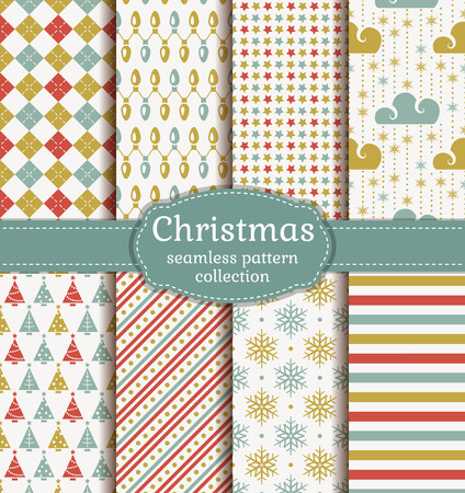 Merry Christmas and Happy New Year! Set of seamless retro backgrounds with traditional symbols: christmas tree, garland, snowflakes and suitable abstract geometric patterns. Vector collection.のイラスト素材