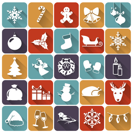 Set of christmas and new year flat icons with long shadows. Vector illustration.のイラスト素材