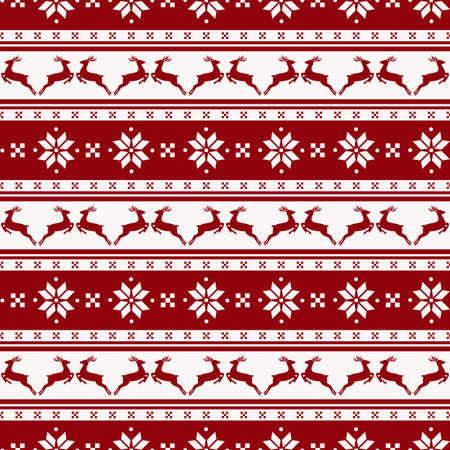 Merry Christmas and Happy New Year! Seamless striped background with deers and nordic pattern....