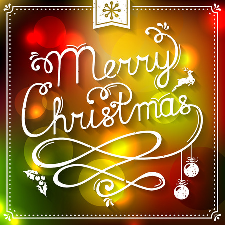 Merry Christmas! Greeting card with handwritten lettering. Colorful blurred background with typography and christmas symbols: deer, christmas balls, holly. Vector illustration.のイラスト素材