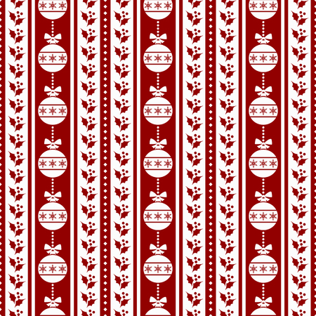Merry Christmas and Happy New Year! Red and white seamless pattern with traditional holiday symbols - christmas balls and holly. Vector striped background.のイラスト素材