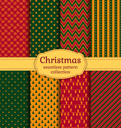 Merry Christmas and Happy New Year! Set of chic holiday backgrounds. Collection of seamless patterns with red, green and yellow colors. Vector illustration.のイラスト素材