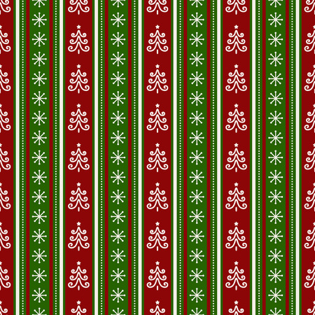 Merry Christmas and Happy New Year! Colorful seamless background with traditional holidays symbols - christmas trees and snowflakes. Striped pattern in white, red and green colors. Vector illustration.のイラスト素材