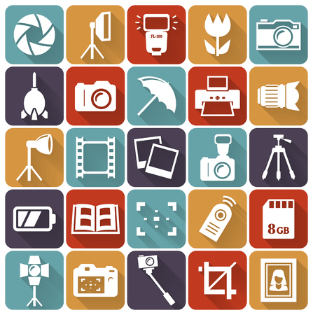 Photo icons. Set of 25 flat symbols for a photographic theme. Collection of silhouette elements with long shadow. Vector illustration.のイラスト素材