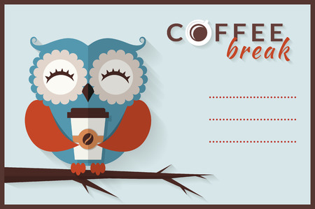 Coffee break. Cute owl with paper coffee cup. Vector card with place for text. Flat style with long shadow.のイラスト素材