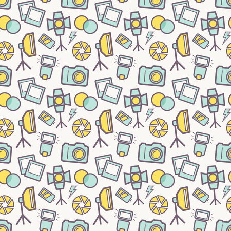 Seamless pattern with photo equipment and symbols. Background with nice icons for photographic theme. Vector illustration.のイラスト素材
