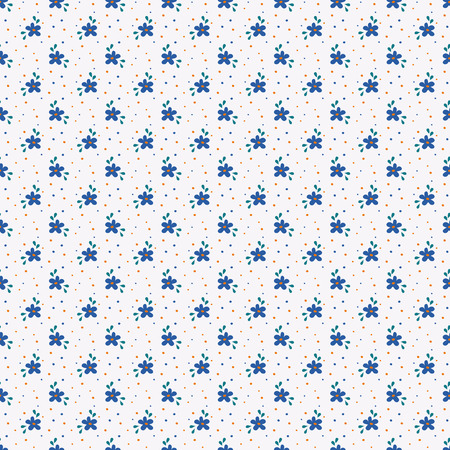 Floral pattern in white, blue and orange colors. Seamless background with small hand drawn flowers. Vector illustration.のイラスト素材