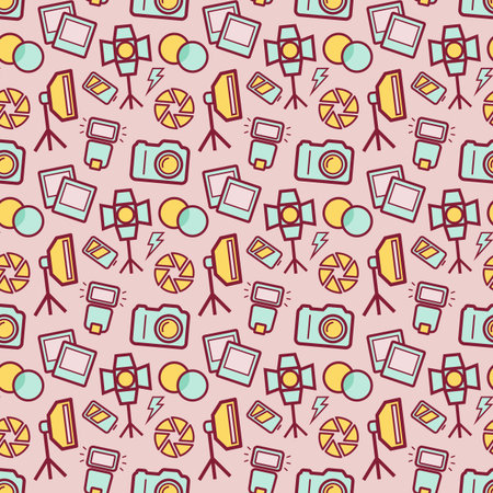 Seamless pattern with photo equipment and symbols. Background with nice icons for photographic theme. Vector illustration.のイラスト素材