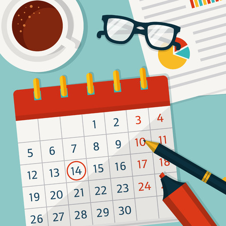 Planning for the month on the calendar. Vector concept background in flat style. Banner with calendar, cup of coffee, documents, stationery and glasses. Business theme.のイラスト素材