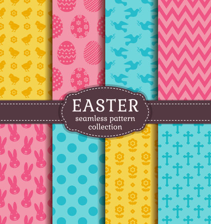 Happy Easter! Set of cute holiday backgrounds. Collection of seamless patterns with traditional symbols. Vector illustration.のイラスト素材
