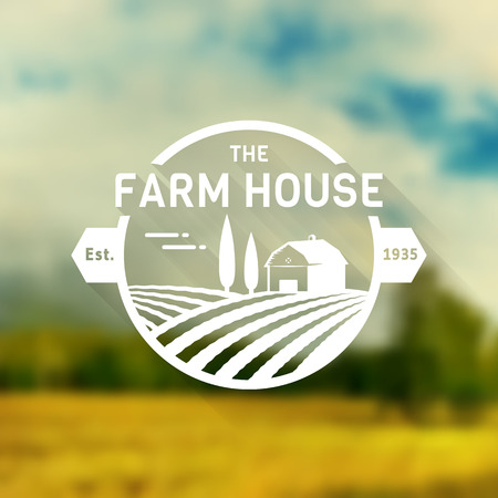 Farm House concept  template with farm landscape on blurred background. Retro label for natural farm products.のイラスト素材