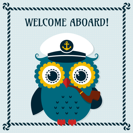Welcome aboard! Card with pretty captain owl. Vector illustration.のイラスト素材