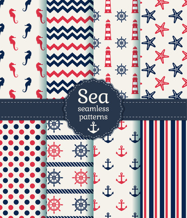 Set of sea and nautical seamless patterns in white, pink and dark blue colors. Vector illustration.のイラスト素材