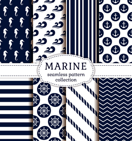 Set of sea and nautical backgrounds in dark blue and white colors. Sea theme. Seamless patterns collection. Vector illustration.のイラスト素材