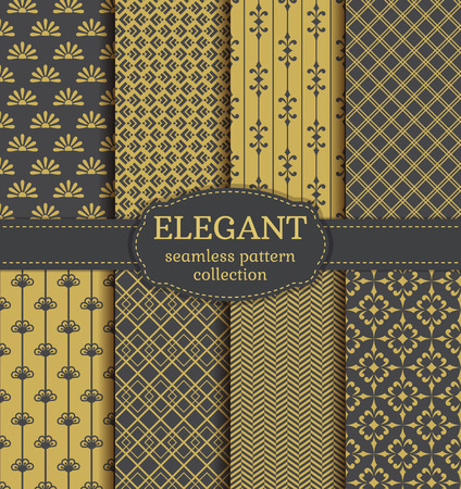 Abstract seamless patterns in gray and gold colors. Set of elegant retro backgrounds with geometric and floral ornaments. Vector collection.のイラスト素材