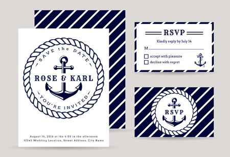 Nautical wedding invitation cards. Sea theme wedding party. Elegant templates in white and dark blue colors. Vector collection.のイラスト素材
