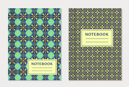 Notebook cover designs. Two exercise books with abstract blue and yellow pattern and place for text. Oriental style collection.のイラスト素材