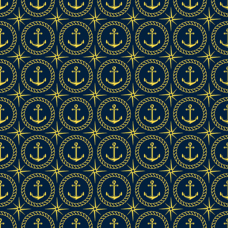 Nautical seamless pattern with anchor, wind rose and rope. Elegant vector background.のイラスト素材