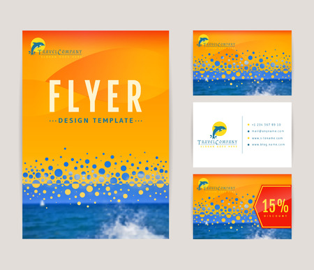 Set of corporate identity templates with dolphin  . Travel and sea cruise themes. Flyer, discount card and business card with front and back views. Colorful branding design. Vector collection.のイラスト素材