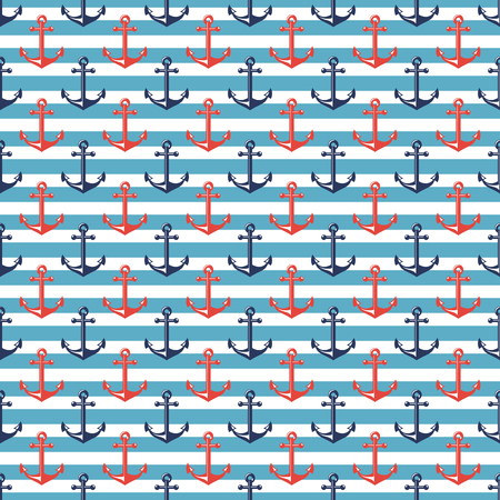 Seamless pattern with stripes and anchors. Nautical and sea travel themes. Vector background.のイラスト素材