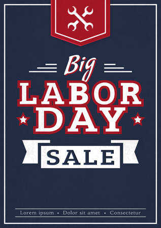 Big Labor Day. Advertising banner in dark blue, red and white colors. Vector promotion card.のイラスト素材