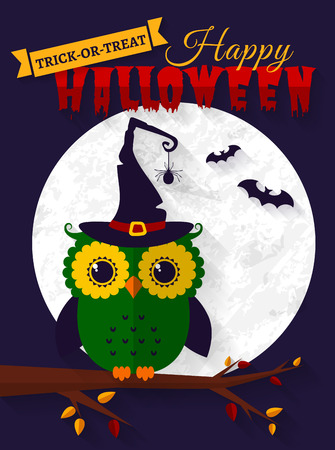 Happy Halloween! Greeting card with owl and bats. Flat style with long shadows. Vector illustration.のイラスト素材