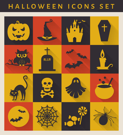 Halloween icon set. Symbols on flat style with long shadows. Vector collection.のイラスト素材