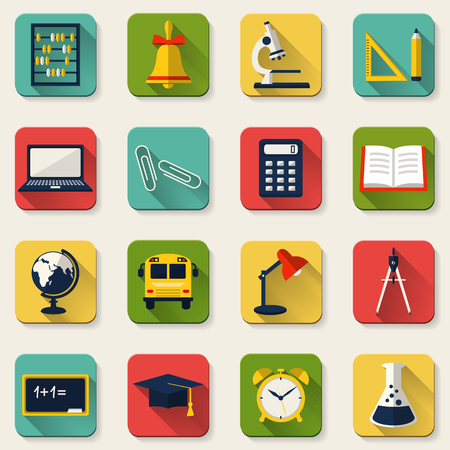 Back to school. Flat colored icons with long shadows. Collection of design elements. Vector illustration.のイラスト素材