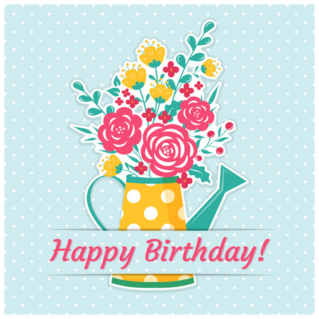 Happy Birthday! Greeting card with a watering can, a bouquet of cute flowers and polka dot background. Vector illustration.のイラスト素材