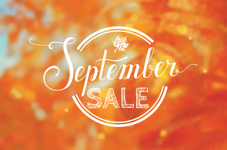 September sale. Blurred autumn background with discount badge.のイラスト素材