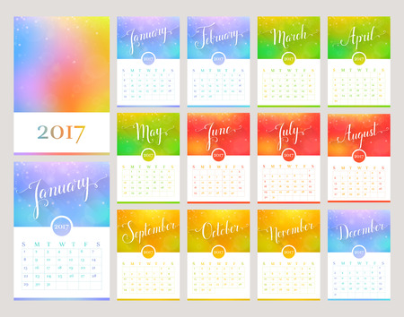Calendar for the Year 2017. Vector template with abstract blurred background and lettering. Handwritten month names. Set of 12 monthly cards and cover for print or web.のイラスト素材