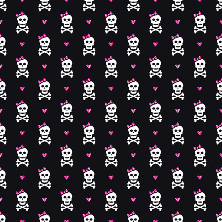 Seamless pattern with skulls, glittering bows and hearts. Background in black, white and pink colors. Vector illustration.のイラスト素材