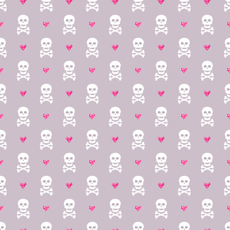 Seamless pattern with skulls and glittering hearts. Cute background in gray, white and pink colors. Vector illustration.のイラスト素材