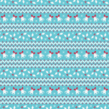 Merry Christmas and Happy New Year! Cute seamless background with bells and holly. Knitted patterns in blue, white and red colors. Vector illustration.のイラスト素材