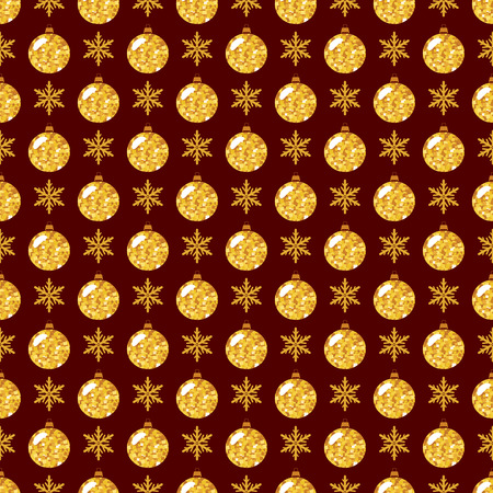 Merry Christmas and Happy New Year! Seamless pattern with snowflakes and glittering tree balls. Vector background in red and golden colors.のイラスト素材