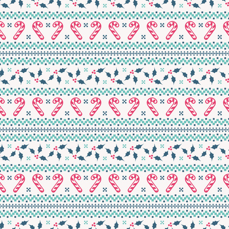 Merry Christmas and Happy New Year! Cute seamless background with candy cane and holly. Knitted patterns in white, blue and pink colors. Vector illustration.のイラスト素材