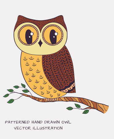 Patterned hand drawn owl isolated on white background. Vector illustration.のイラスト素材