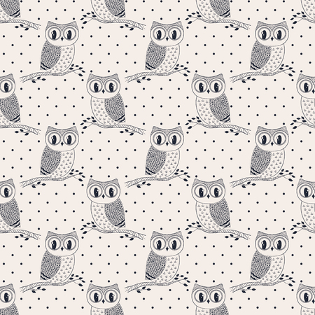 Seamless pattern with cute hand drawn owls and polka dots. Vector background in black and white colors.のイラスト素材