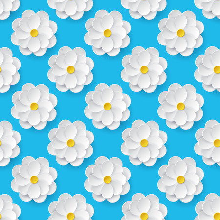 Seamless pattern with paper flowers. Floral background in blue, white and yellow colors. Vector illustration.のイラスト素材